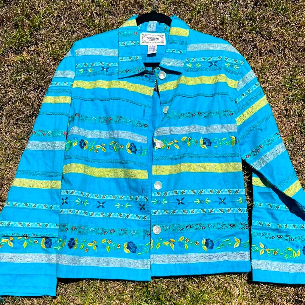 Blue and Yellow Embroidered Floral Cotton Jacket